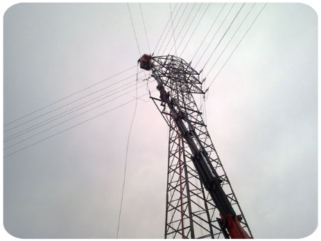 pluma con cesta en torre electrica